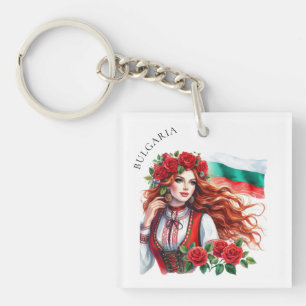 Bulgarian Flag Tradition Folklore Woman Red Roses Keychain