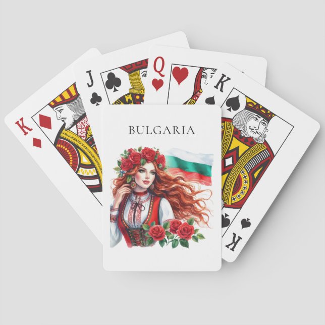 Bulgarian Flag Tradition Folklore Woman Red Roses  Poker Cards (Back)