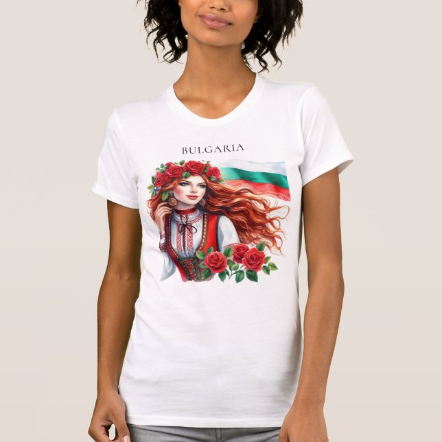 Bulgarian Flag Tradition Folklore Woman Red Roses  T-Shirt (Front)