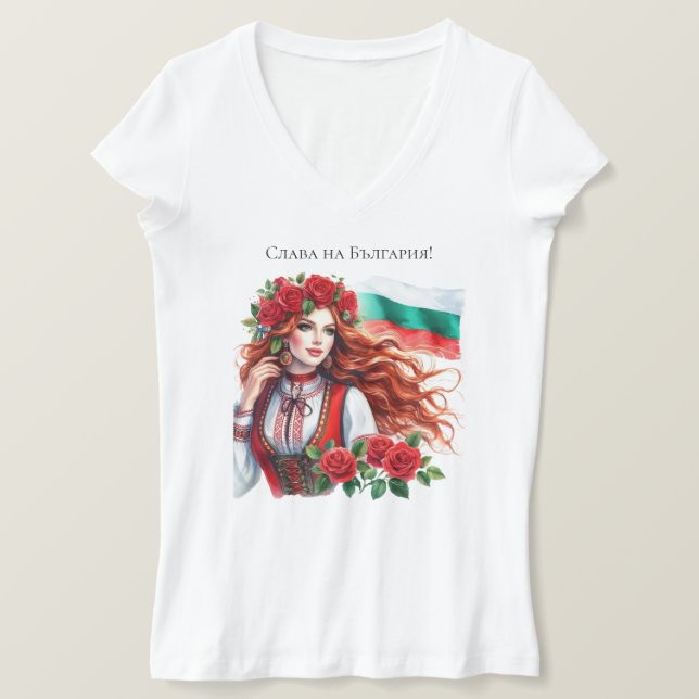 Bulgarian Flag Tradition Folklore Woman Red Roses  T-Shirt (Design Front)