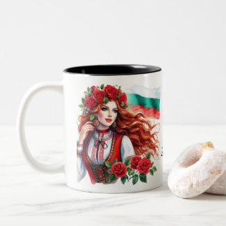 Bulgarian Flag Tradition Folklore Woman Red Roses  Two-Tone Coffee Mug