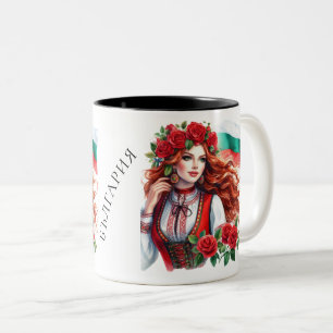 Bulgarian Flag Tradition Folklore Woman Red Roses  Two-Tone Coffee Mug