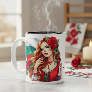 Bulgarian Flag Tradition Folklore Woman Red Roses Two-Tone Coffee Mug