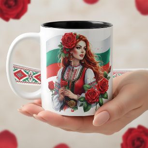 Bulgarian Flag Tradition Folklore Woman Red Roses  Two-Tone Coffee Mug