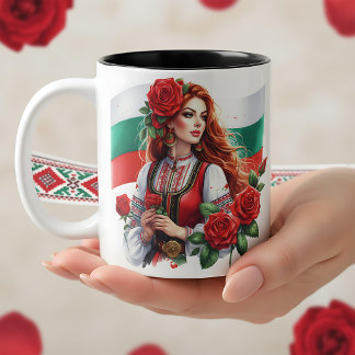 Bulgarian Flag Tradition Folklore Woman Red Roses Two-Tone Coffee Mug