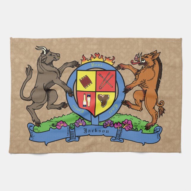 Bull and Boar Rampant BBQ Coat of Arms Kitchen Towel (Horizontal)