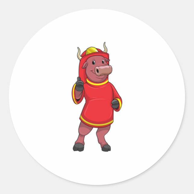 Bull as Firefighter with Helmet Classic Round Sticker (Front)