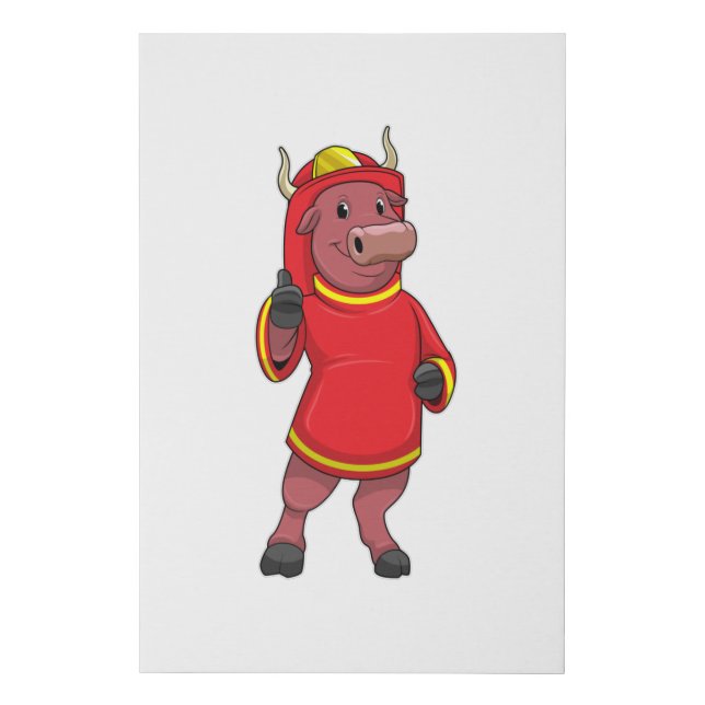 Bull as Firefighter with Helmet Faux Canvas Print (Front)