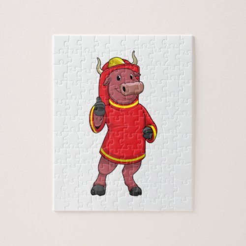 Bull as Firefighter with Helmet Jigsaw Puzzle