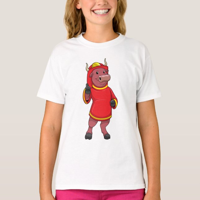 Bull as Firefighter with Helmet T-Shirt (Front)