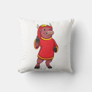 Bull as Firefighter with Helmet Throw Pillow