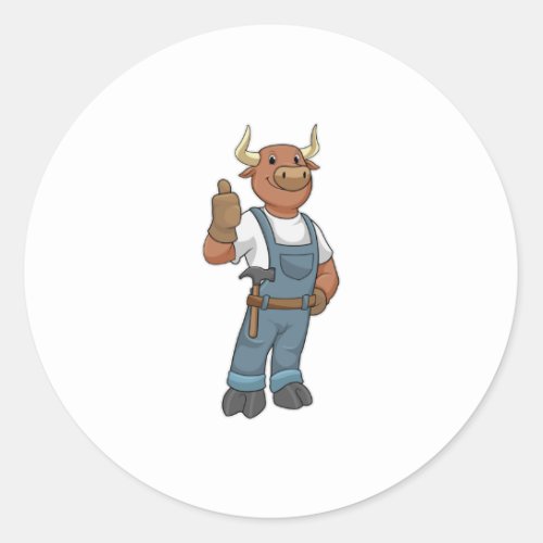 Bull as Handyman with Hammer Classic Round Sticker