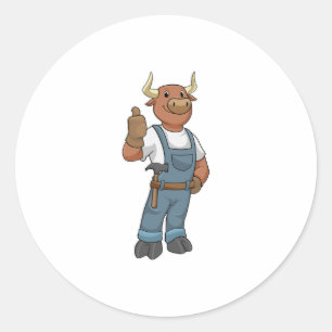 Bull as Handyman with Hammer Classic Round Sticker