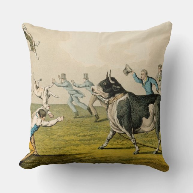 'Bull Baiting', pub. by Thomas McLean, 1820, (prin Throw Pillow (Front)