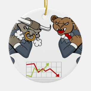 Bull Bear Battle Stock Market Cartoon Ceramic Ornament