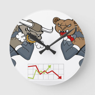 Bull Bear Battle Stock Market Cartoon Round Clock