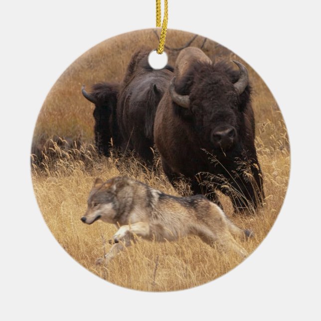 Bull Bison, Female, & Wolf Ceramic Ornament (Front)