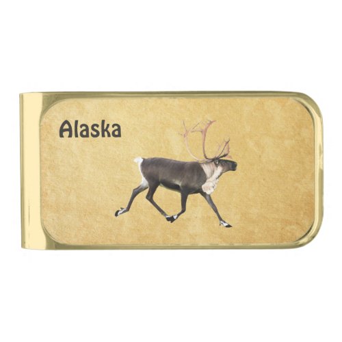 Bull Caribou On Old Paper Gold Finish Money Clip