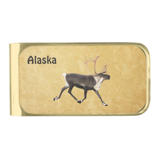 Bull Caribou On Old Paper Gold Finish Money Clip (Front)