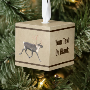 Bull Caribou (Reindeer) On Old Paper Cube Ornament