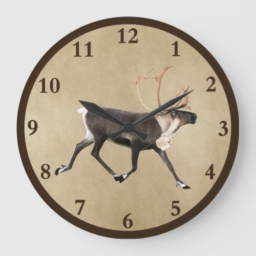 Bull Caribou Reindeer On Old Paper Large Clock