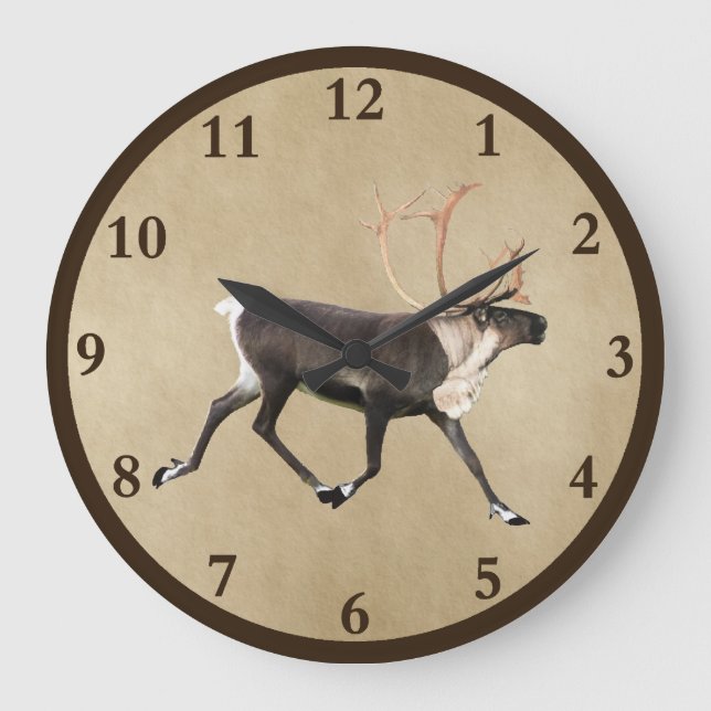 Bull Caribou (Reindeer) On Old Paper Large Clock (Front)