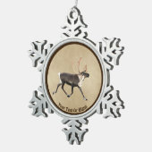 Bull Caribou (Reindeer) On Old Paper Snowflake Pewter Christmas Ornament (Right)
