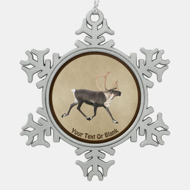 Bull Caribou (Reindeer) On Old Paper Snowflake Pewter Christmas Ornament (Front)