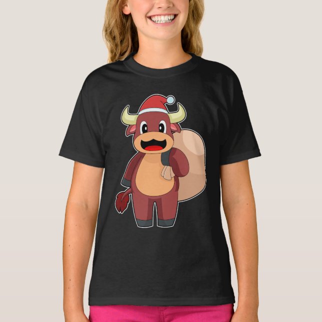 Bull Christmas Santa Claus T-Shirt (Front)