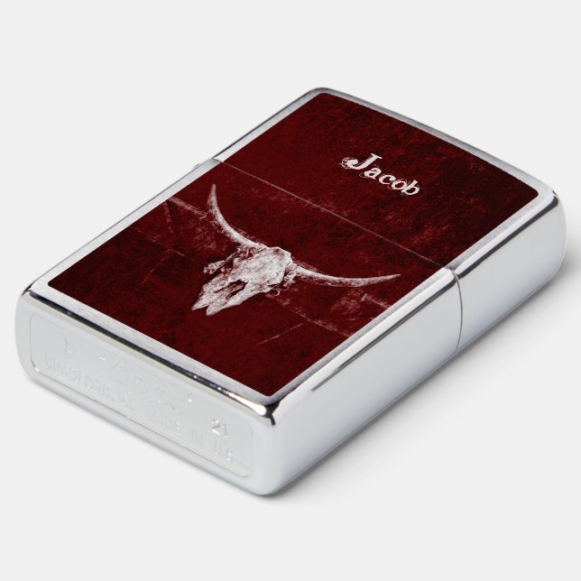 Bull Cow Skull Western Country Burgundy Red Rustic Zippo Lighter (Angled)