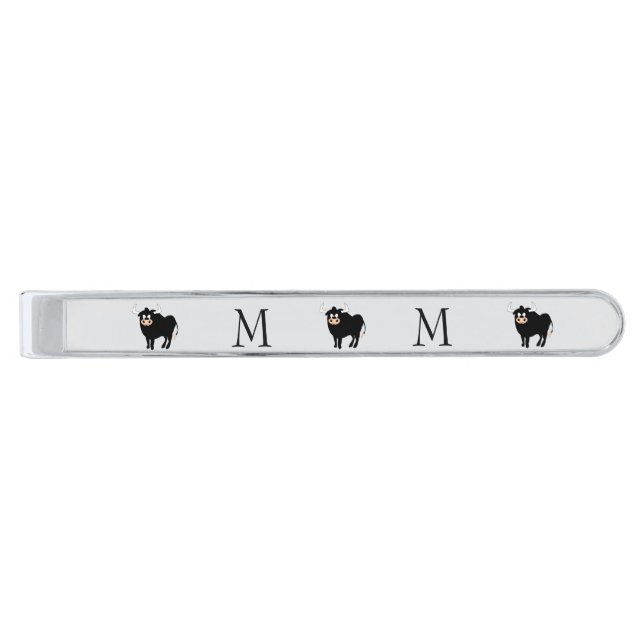 Bull Design Monogrammed Silver Finish Tie Bar (Front)
