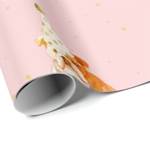 Bull Dog Birthday Pink Party Hat Wrapping Paper