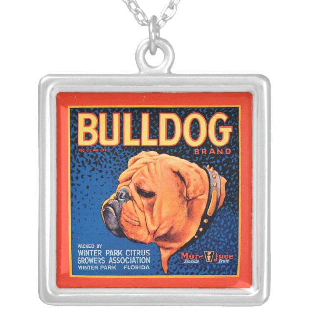 Bull Dog on a Blue Background Silver Plated Necklace (Front)
