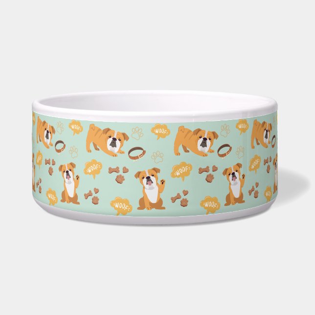 Bull Dog Themed Pattern (Sage) Ceramic Pet Bowl (Front)
