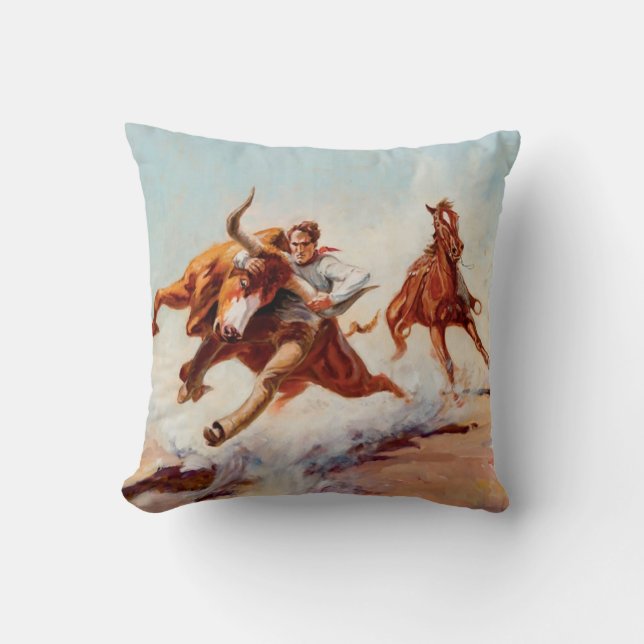 “Bull Dogger” Western Art by Will James Throw Pillow (Front)
