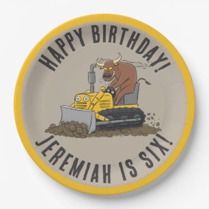 Bull driving bulldozer birthday personalized paper plates