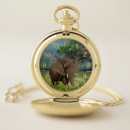 Bull Elephant Grazing Pocket Watch