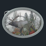 Bull elk And Buck deer 3 Oval Belt Buckle<br><div class="desc">Trophy big game animals set in pine tree forest</div>