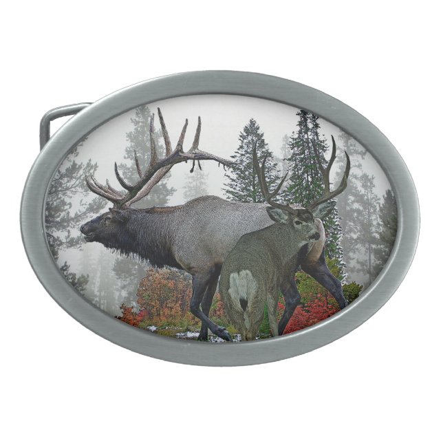 Bull elk And Buck deer 3 Oval Belt Buckle (Front)