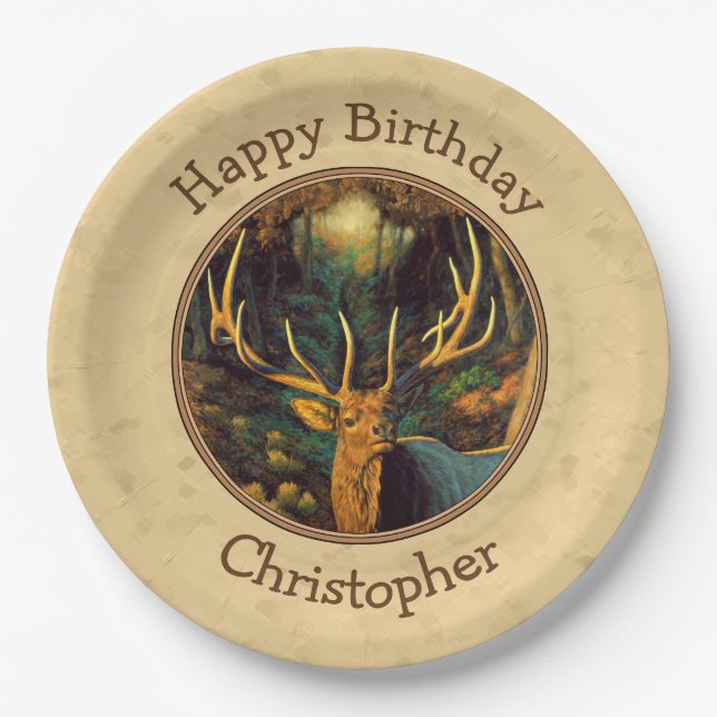 Bull Elk Autumn Yellow Paper Plates (Front)
