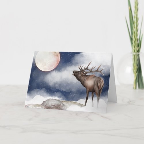 Bull Elk Bugling at the Full Moon Mountain Card