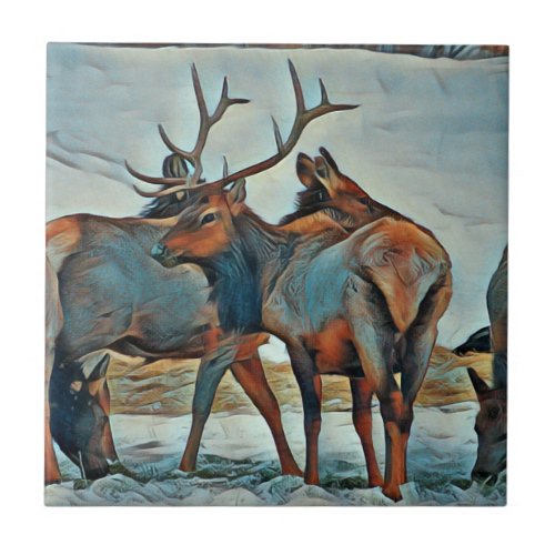 Bull Elk Byzantine Drawing Ceramic Tile