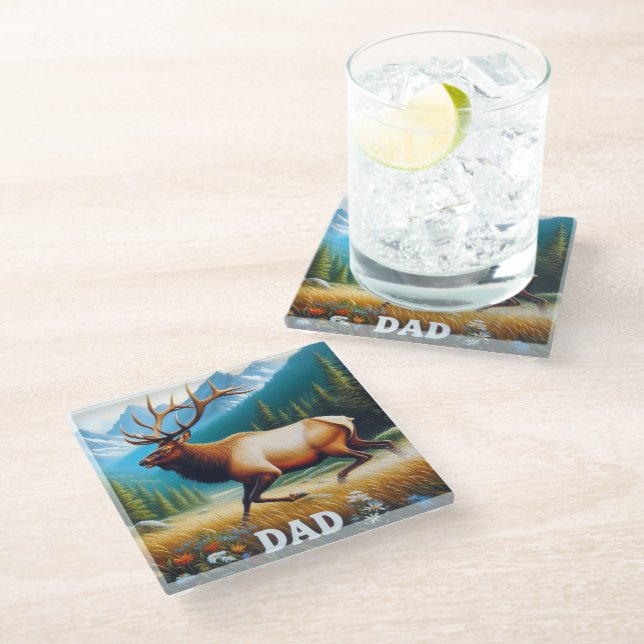 Bull Elk Dad Glass Coaster (Angled)