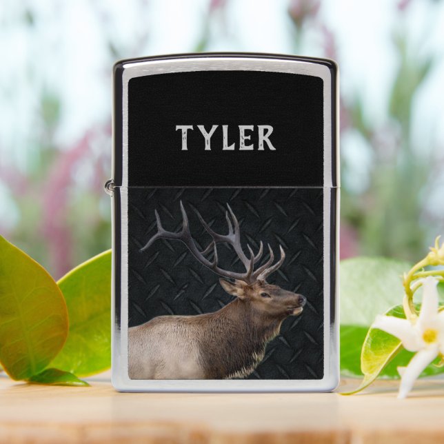 Bull Elk Hunting Animal Antlers Name Black Zippo Lighter (On Table)