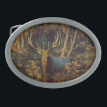 Bull Elk in Autumn Forest Belt Buckle<br><div class="desc">A big bull elk sporting large trophy antlers during the autumn rut. An elk hunter's dream! Fall colors on the surrounding forest trees create the perfect natural wilderness setting for this favorite North American big game animal. Realistic artwork created from an original oil painting by wildlife and equine artist Crista...</div>