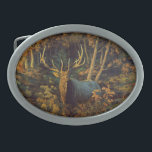 Bull Elk in Autumn Forest Belt Buckle<br><div class="desc">A big bull elk sporting large trophy antlers during the autumn rut. An elk hunter's dream! Fall colors on the surrounding forest trees create the perfect natural wilderness setting for this favorite North American big game animal. Realistic artwork created from an original oil painting by wildlife and equine artist Crista...</div>