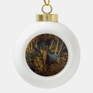 Bull Elk in Autumn Forest Ceramic Ball Christmas Ornament