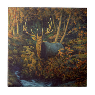 Bull Elk in Autumn Forest Ceramic Tile