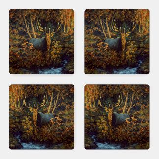 Bull Elk in Autumn Forest Coaster Set
