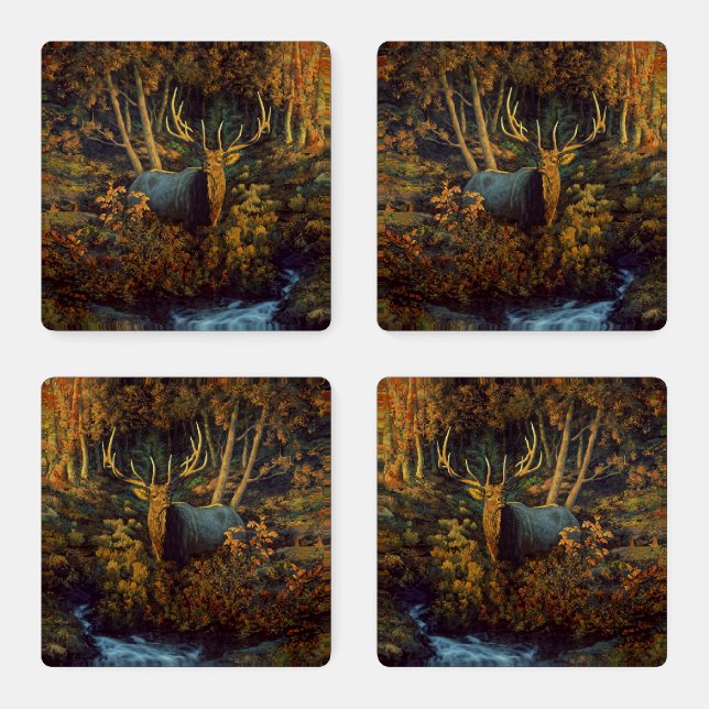 Bull Elk in Autumn Forest Coaster Set (Set)